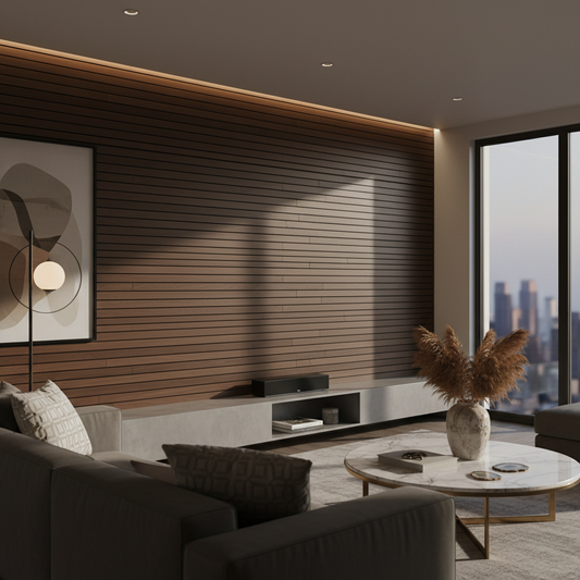 Painel Ripado Horizontal em Nogueira Escura - Ambiente contemporâneo